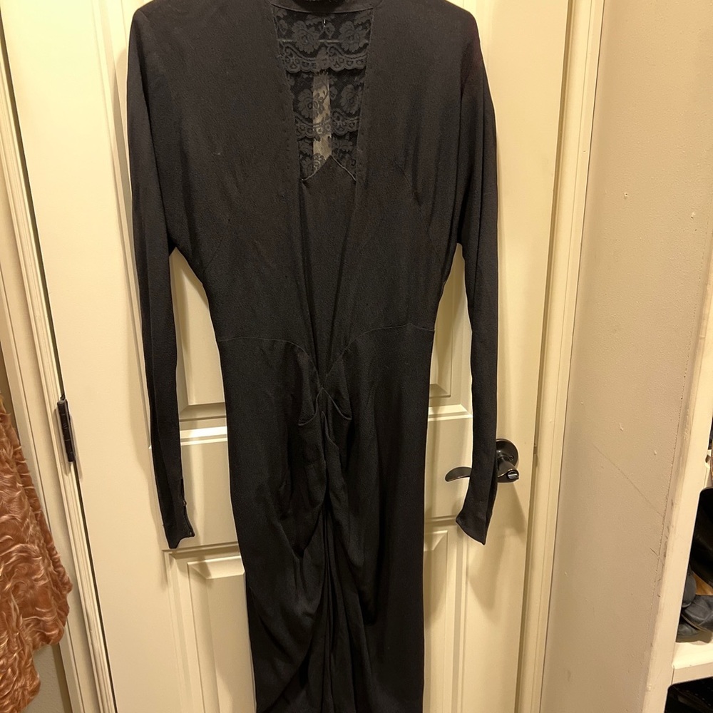 vintage 1930s black crepe mourning dress lace cutout, front gathers, Buttons
